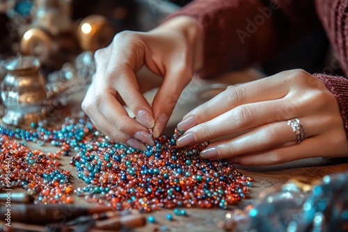 Hands carefully stringing beads. This image is perfect for illustrating articles about craft, jewelry making, or DIY projects.