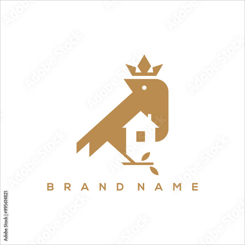 house bird with crown and leaves vector logo