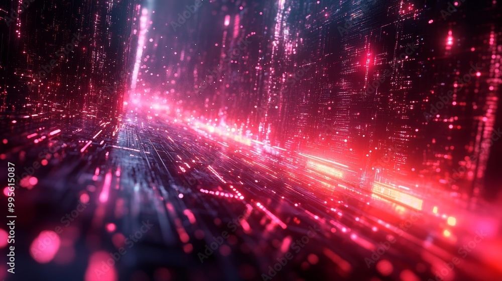 Futuristic Digital Data Stream with Red Neon Lights Generative AI