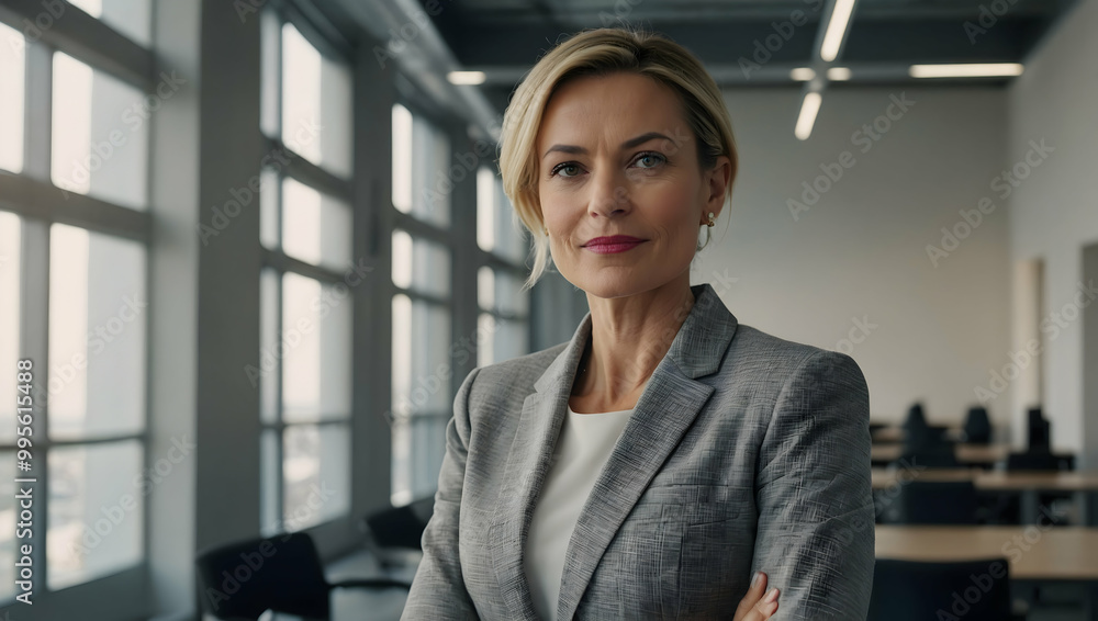 Confident Businesswoman: A powerful portrait of a confident businesswoman with a determined look, standing in a modern office setting with natural light streaming in through large windows. Confident Businesswoman: A powerful portrait of a confident businesswoman with a determined look, standing in a modern office setting with natural light streaming in through large windows.