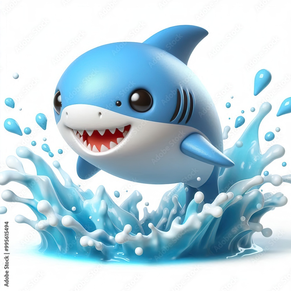 Obraz premium A 3D cute shark, water splashes, jumps out, white background