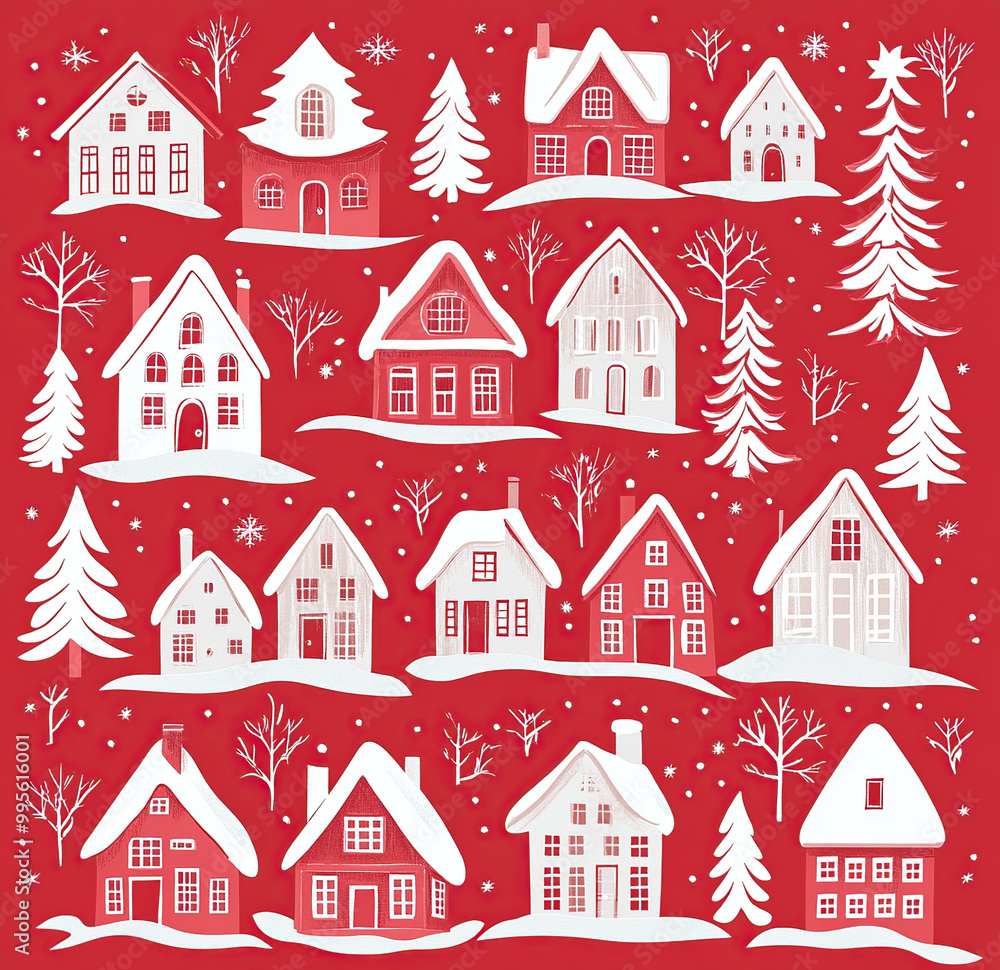 Fototapeta premium Christmas pattern with houses and trees on a red background