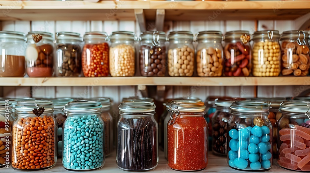 Colorful Candy in Glass Jars on Wooden Shelf Colorful Candy in Glass Jars on Wooden Shelf