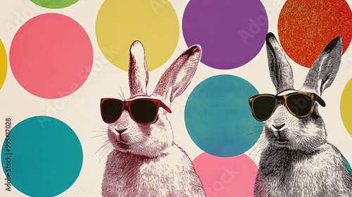 Party animal bunny rabbit popart collage style bold shapes and colors with animal wearing sunglasses