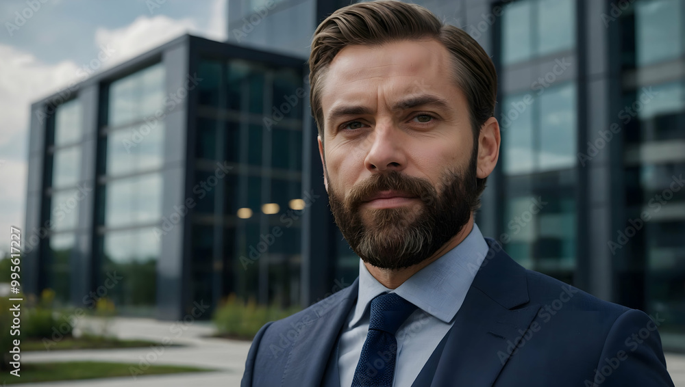 Confident Businessman Portrait: A charismatic man with a beard in a sharp suit, exuding professionalism and success against a modern cityscape backdrop. Confident Businessman Portrait: A charismatic man with a beard in a sharp suit, exuding professionalism and success against a modern cityscape backdrop.