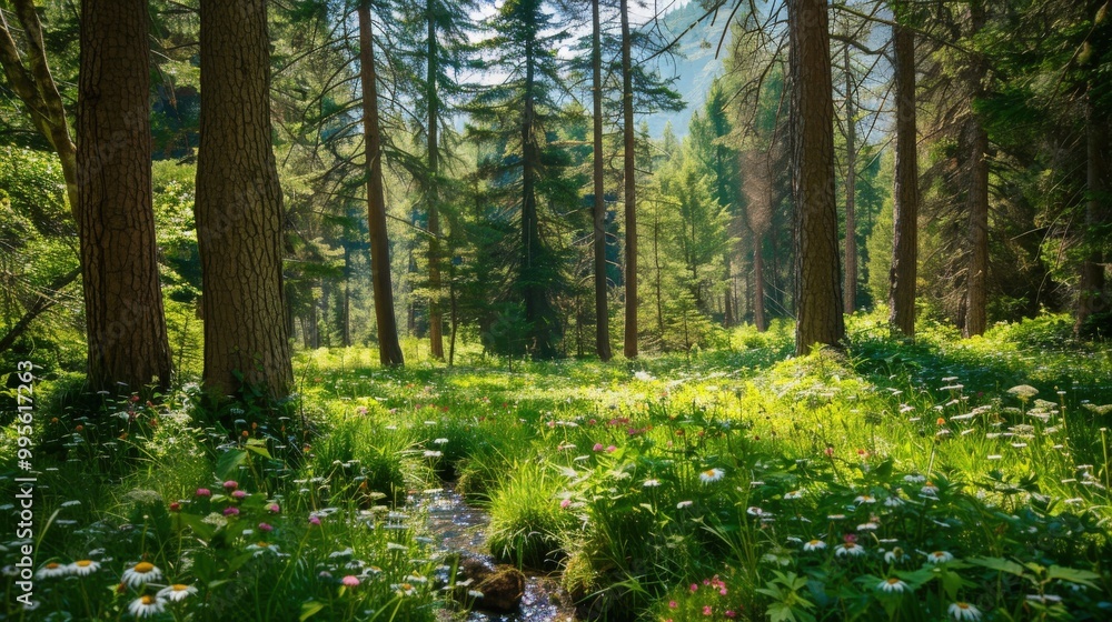 Tranquil forest glade where a gentle brook flows, wildflowers blossom, and tall trees provide shade. Tranquil forest glade where a gentle brook flows, wildflowers blossom, and tall trees provide shade.