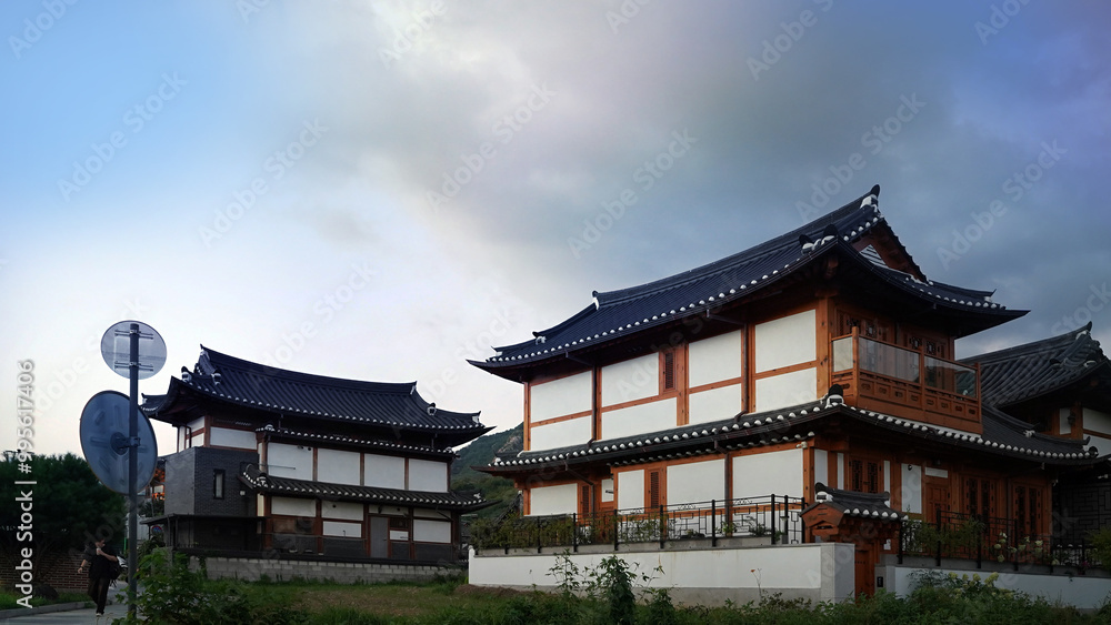 Fototapeta premium Morning Scenery of a Traditional Korean Village with Hanok Houses