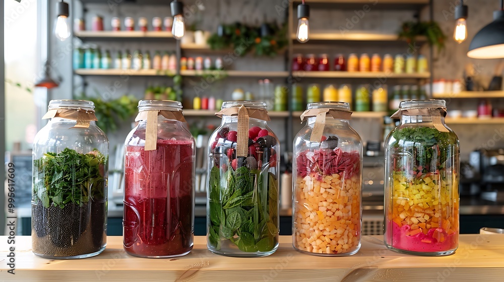 Fresh Organic Fruit and Vegetable Smoothies in Glass Jars on Wooden Counter Fresh Organic Fruit and Vegetable Smoothies in Glass Jars on Wooden Counter