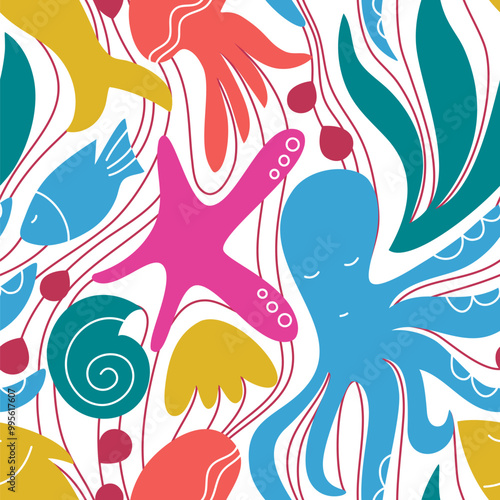 Vector seamless pattern with animals of the underwater world