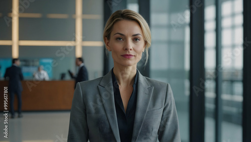 Free Download Confident Businesswoman: A powerful businesswoman stands confidently in a modern office setting, her determined gaze capturing attention. - GFXLoad