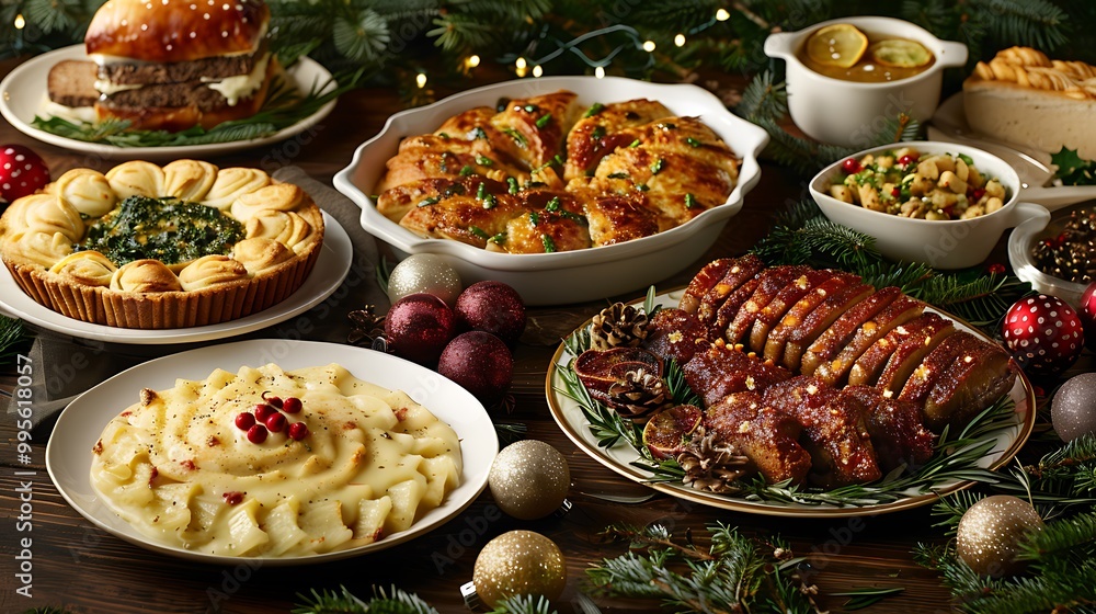 Christmas Dinner Table Setting with Roasted Meat Side Dishes and Festive Decorations Christmas Dinner Table Setting with Roasted Meat Side Dishes and Festive Decorations
