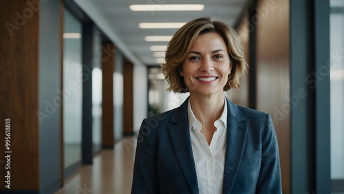 Free Download Confident and Ready: A professional woman in a blue blazer and white shirt walks down an office hallway with a confident smile, radiating success and leadership.   - GFXLoad