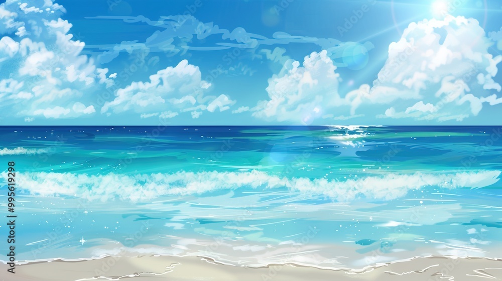 Obraz premium A beautiful scene of the blue ocean against the blue sky background. The ocean stretches out as far as the eye can see, with its surface glistening in the sunlight