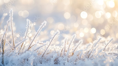 A close-up of frosted grass illuminated by soft light, creating a serene, wintery atmosphere.
