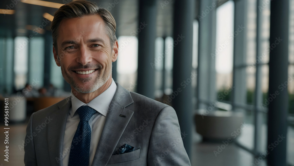 Fototapeta premium Confident Businessman: A confident, successful businessman beams with a genuine smile, radiating confidence and success in a professional setting.