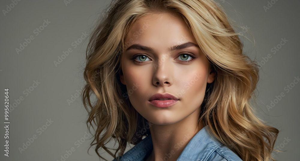 Fototapeta premium Captivating Gaze: A captivating portrait of a woman with captivating blue eyes and long blonde hair, her gaze intense and engaging. She embodies confidence and allure in this minimalist portrait. 