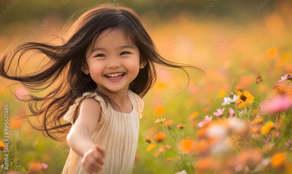 Smiling girl with flowing hair in flower field. Smiling girl with flowing hair in flower field.