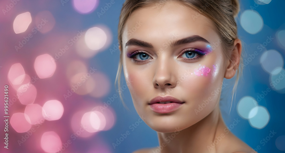 Radiant Beauty: Close-up portrait of a young woman with iridescent makeup, set against a dreamy bokeh background. Her captivating blue eyes and flawless complexion exude confidence and allure. Radiant Beauty: Close-up portrait of a young woman with iridescent makeup, set against a dreamy bokeh background. Her captivating blue eyes and flawless complexion exude confidence and allure.