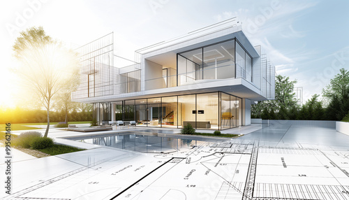 Projet de construction avec plan d'un architecte d'une maison moderne blanche avec de grandes baies vitrées