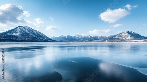 A serene winter landscape featuring a frozen lake surrounded by snow-capped mountains under a clear blue sky.