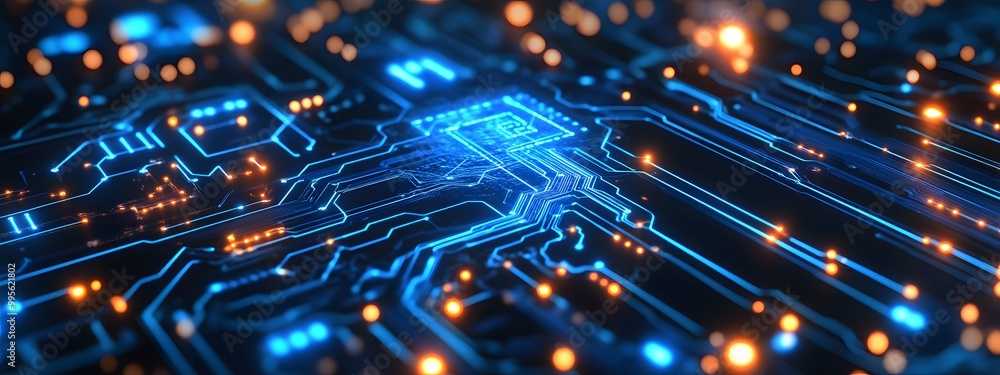 A digital circuit board with glowing nodes and pathways, representing the advanced technology of artificial intelligence A digital circuit board with glowing nodes and pathways, representing the advanced technology of artificial intelligence