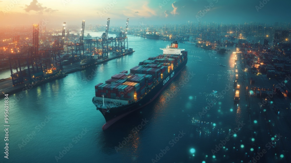 A large cargo ship navigates a bustling port at sunset, surrounded by cranes and lights reflecting on the water. A large cargo ship navigates a bustling port at sunset, surrounded by cranes and lights reflecting on the water.