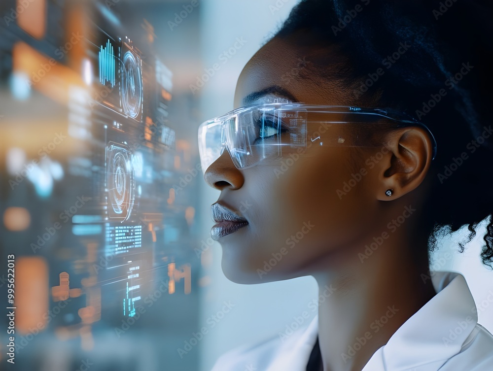 Woman Afro-American Scientist Analyzing Digital Data on Futuristic Screen Woman Afro-American Scientist Analyzing Digital Data on Futuristic Screen