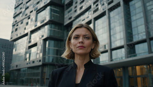 Confident Businesswoman:  A powerful businesswoman confidently gazes ahead, showcasing strength and determination in a modern urban setting.