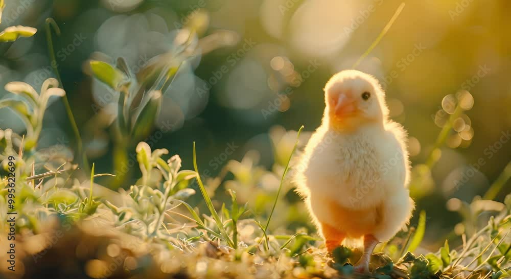 A tiny blue chick stands in a field of grass, its downy feathers a soft contrast to the vibrant greens A tiny blue chick stands in a field of grass, its downy feathers a soft contrast to the vibrant greens