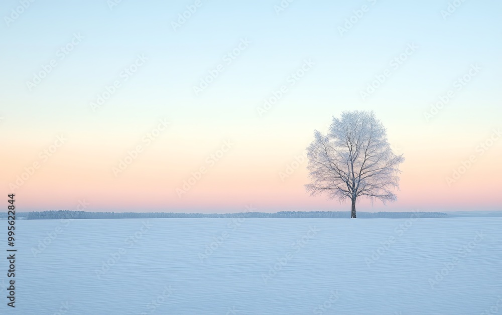 A solitary tree stands in a snowy landscape under a pastel sky at dawn, evoking a sense of tranquility and solitude. A solitary tree stands in a snowy landscape under a pastel sky at dawn, evoking a sense of tranquility and solitude.