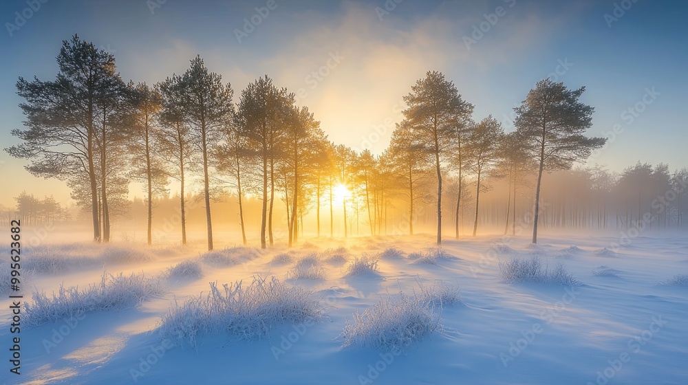 A serene winter landscape at sunrise, with mist rising over snowy ground and pine trees silhouetted against the light. A serene winter landscape at sunrise, with mist rising over snowy ground and pine trees silhouetted against the light.