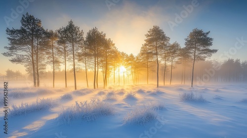 A serene winter landscape at sunrise, with mist rising over snowy ground and pine trees silhouetted against the light.