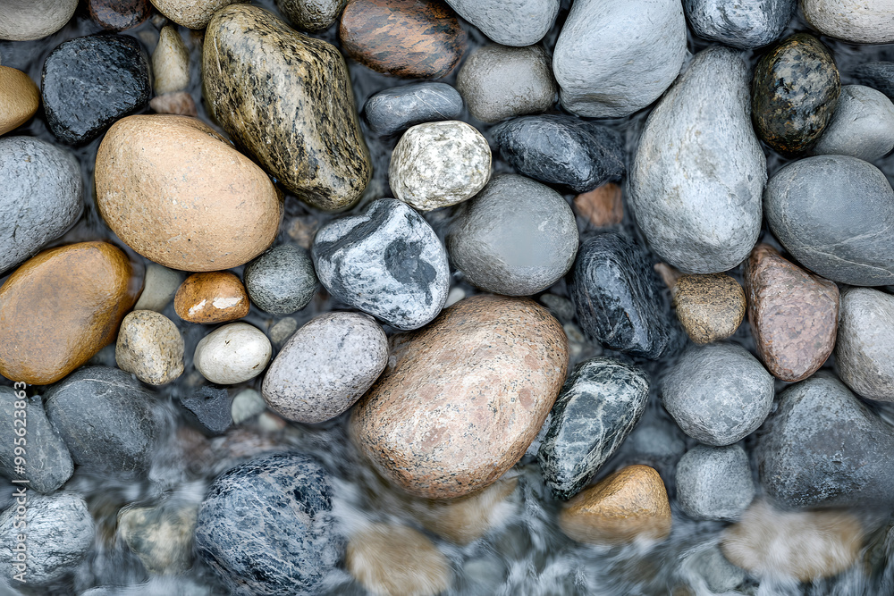 Smooth gray stones and pebbles scattered on a beach, creating a natural textured pattern Smooth gray stones and pebbles scattered on a beach, creating a natural textured pattern