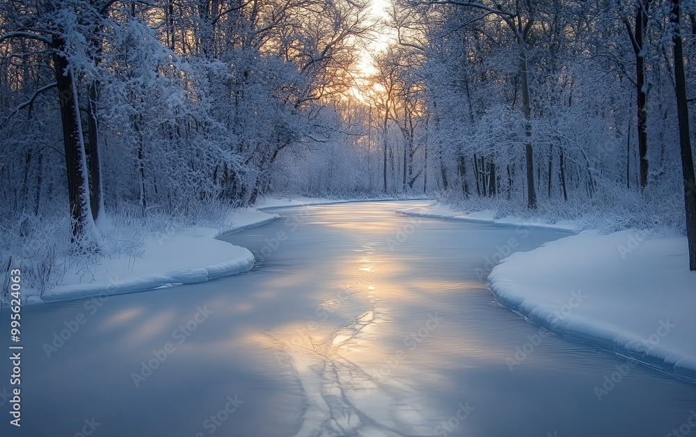 A serene winter landscape featuring a winding river surrounded by snow-covered trees and soft sunlight filtering through. A serene winter landscape featuring a winding river surrounded by snow-covered trees and soft sunlight filtering through.