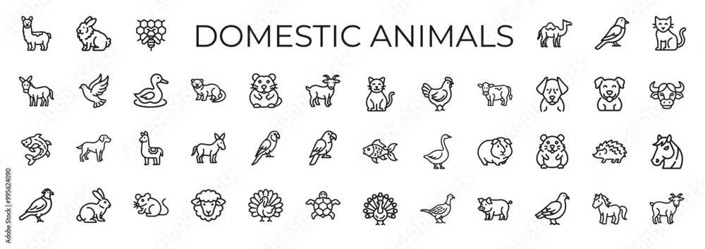 Naklejka premium domestic animals line art themed icon collection, Goat Guinea Goose Hamster pig