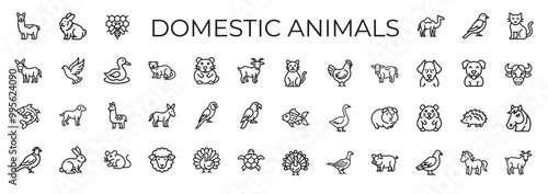 domestic animals line art themed icon collection, Goat Guinea Goose Hamster pig
