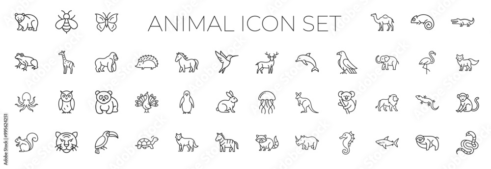 Fototapeta animals world line art icons, simple minimal set