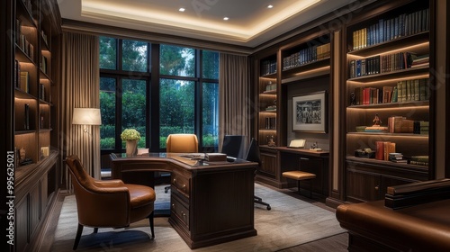 Luxurious Home Office with Extensive Wooden Bookshelves