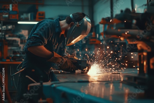 A welder working in a workshop, sparks flying from metal being shaped.