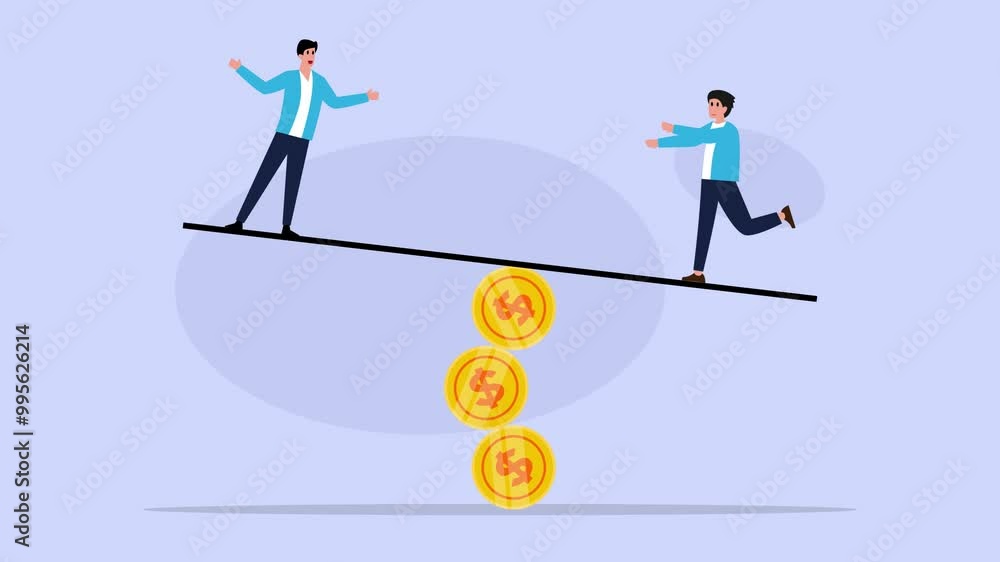 Business people balancing not to fail from seesaw on golden coin cartoon animation Business people balancing not to fail from seesaw on golden coin cartoon animation