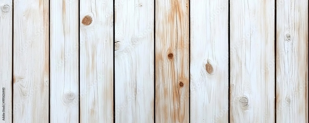 Distressed white wood planks with visible knots, bright and airy background, perfect for fresh salads and light dishes Distressed white wood planks with visible knots, bright and airy background, perfect for fresh salads and light dishes