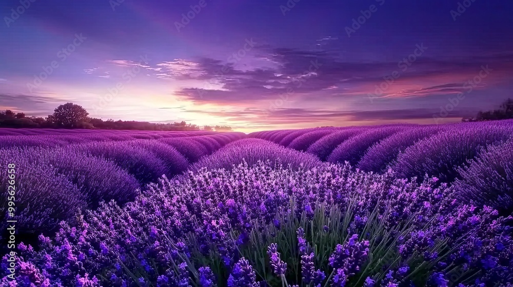 Obraz premium A serene lavender field at sunset, showcasing vibrant purple hues and a tranquil atmosphere.