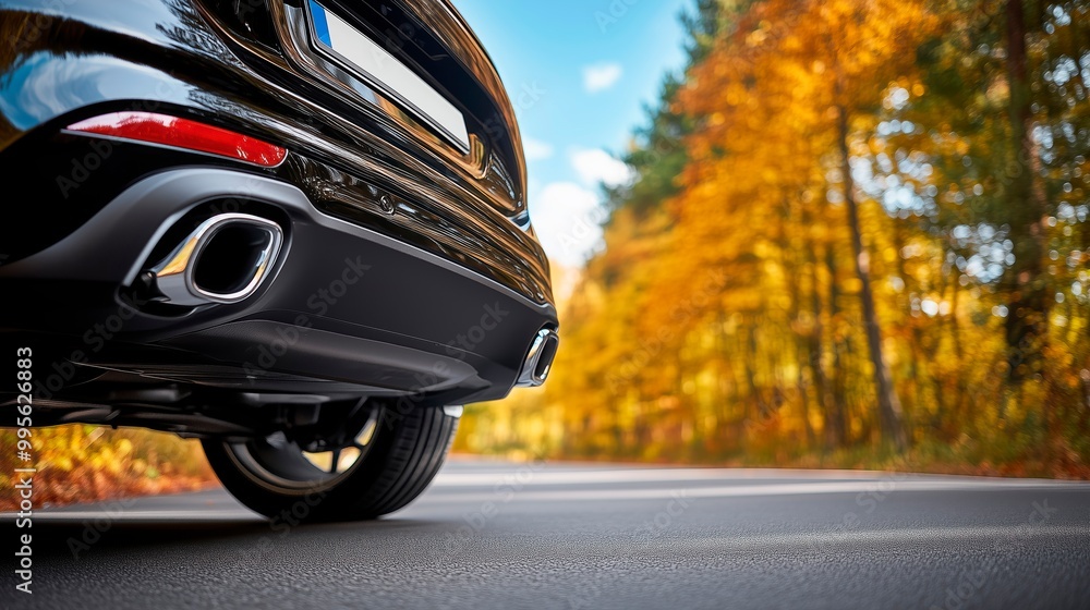 Fototapeta premium Autumn drive down a tree-lined road with a sleek black car in focus
