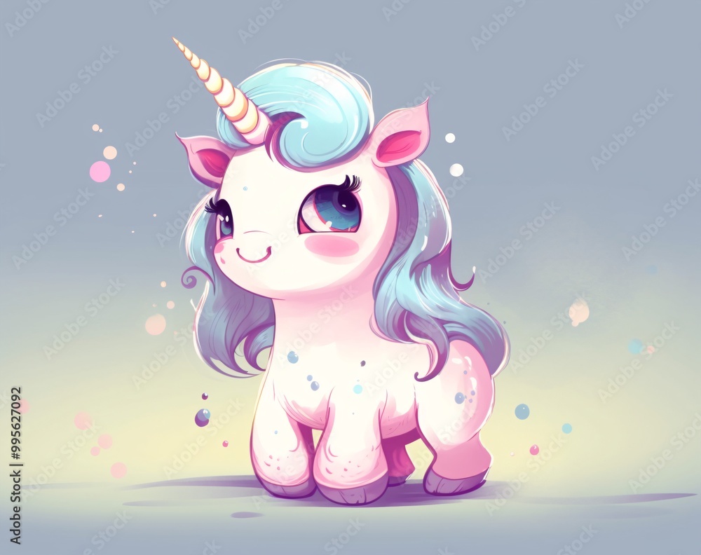 Fototapeta premium Adorable Cartoon Unicorn Illustration with Blue Mane and Cute Expression