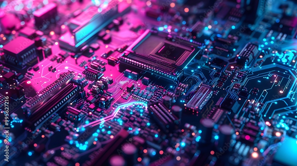 Close-up of a circuit board with glowing blue and pink lights.