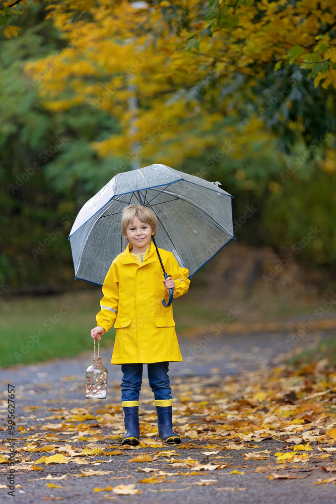 Obraz premium Beautiful blond preschool child, playing with leaves, mushrooms and pumpkins in the rain, holding umbrella, autumn day
