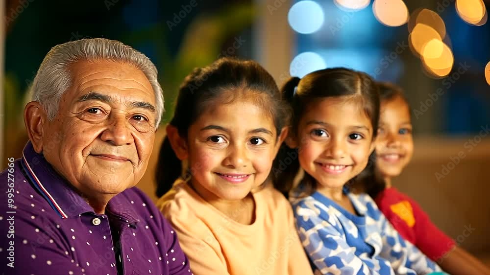 A group of children sitting with their grandparents, listening intently as they share stories about their Hispanic heritage and family history A group of children sitting with their grandparents, listening intently as they share stories about their Hispanic heritage and family history