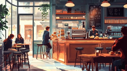 Cozy cafe with people enjoying coffee and pastries in cartoon style. Ambiance is inviting and serene