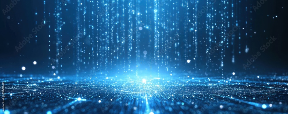 Fototapeta premium Blue background with glowing light lines and digital futuristic abstract technology pattern