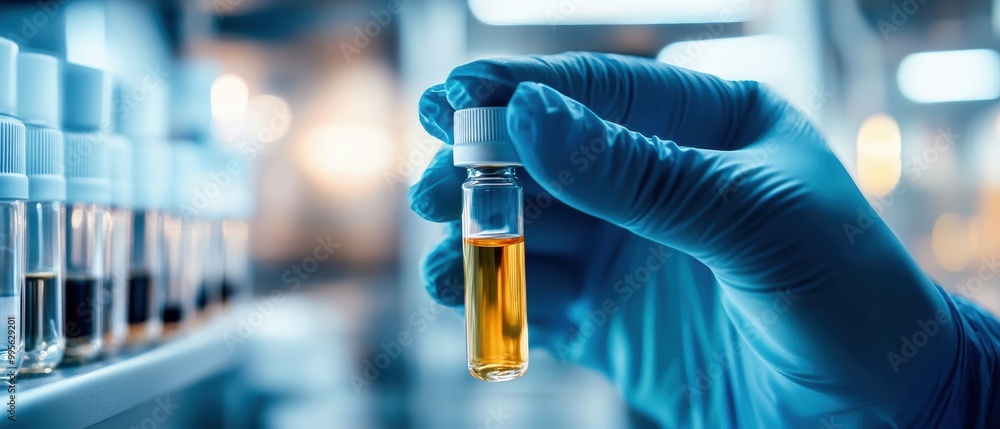 Close-up of a gloved hand holding a vial of yellow liquid in a laboratory setting. Close-up of a gloved hand holding a vial of yellow liquid in a laboratory setting.